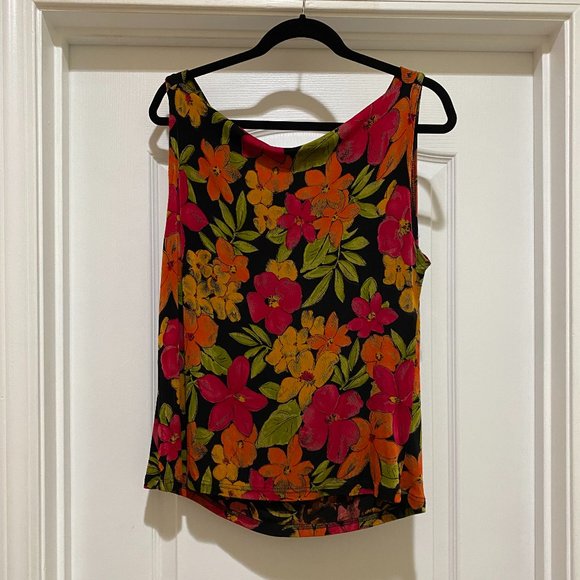 Sleeveless Draped Cowl Neck Top 1X Black with Bright Flowers - Picture 3 of 6